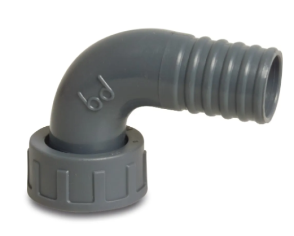 Bogen 90° aus PP mit Überwurfmutter (Innengewinde) x Schlauchtülle 10 bar Grau