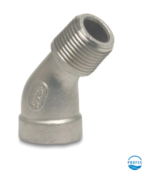 Edelstahl-Winkel 45° Anschlüsse: 1x Innengewinde und 1x Außengewinde Arbeitsdruck 10 bar